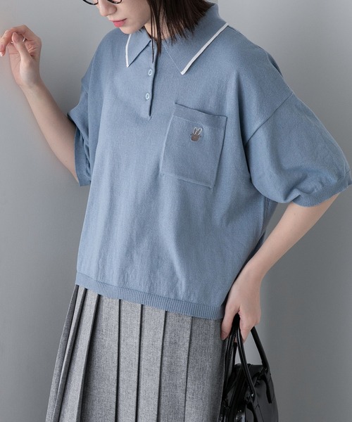 BONLECILL(ボンルシール)の「【JAMMINコラボ】フランスパンモチーフ刺繍 配色ライン ニットポロプルオーバー(ポロシャツ・レディース・ネイビー/ブラック/オフホワイト/ブルー・FREE)」の4枚目の写真