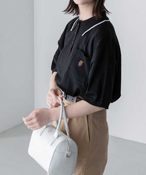 BONLECILL(ボンルシール)の「【JAMMINコラボ】フランスパンモチーフ刺繍 配色ライン ニットポロプルオーバー(ポロシャツ・レディース・ネイビー/ブラック/オフホワイト/ブルー・FREE)」の13枚目の写真