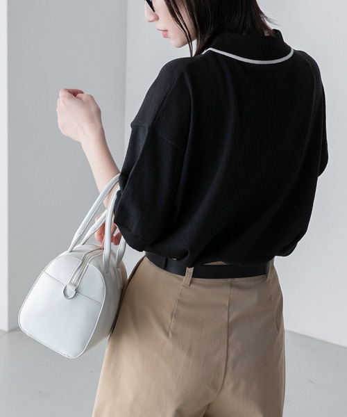 BONLECILL(ボンルシール)の「【JAMMINコラボ】フランスパンモチーフ刺繍 配色ライン ニットポロプルオーバー(ポロシャツ・レディース・ネイビー/ブラック/オフホワイト/ブルー・FREE)」の6枚目の写真