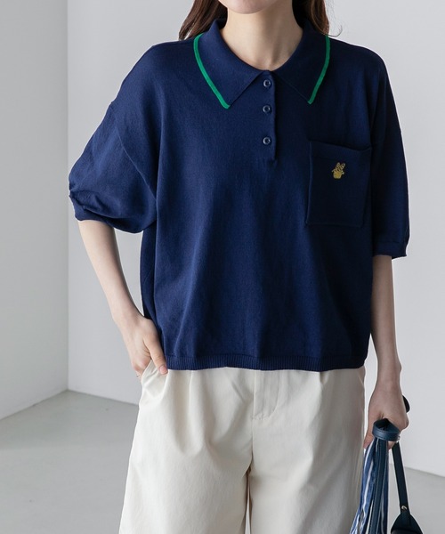 BONLECILL(ボンルシール)の「【JAMMINコラボ】フランスパンモチーフ刺繍 配色ライン ニットポロプルオーバー(ポロシャツ・レディース・ネイビー/ブラック/オフホワイト/ブルー・FREE)」の14枚目の写真