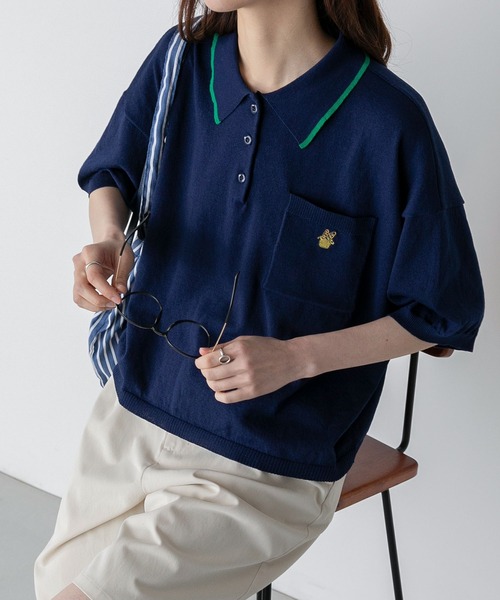 BONLECILL(ボンルシール)の「【JAMMINコラボ】フランスパンモチーフ刺繍 配色ライン ニットポロプルオーバー(ポロシャツ・レディース・ネイビー/ブラック/オフホワイト/ブルー・FREE)」の15枚目の写真