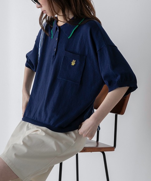 BONLECILL(ボンルシール)の「【JAMMINコラボ】フランスパンモチーフ刺繍 配色ライン ニットポロプルオーバー(ポロシャツ・レディース・ネイビー/ブラック/オフホワイト/ブルー・FREE)」の8枚目の写真