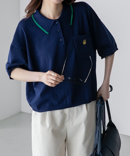 BONLECILL(ボンルシール)の「【JAMMINコラボ】フランスパンモチーフ刺繍 配色ライン ニットポロプルオーバー(ポロシャツ・レディース・ネイビー/ブラック/オフホワイト/ブルー・FREE)」の7枚目の写真