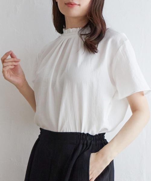 ikka(イッカ)の「襟フリル2WAY半袖ブラウス(シャツ/ブラウス・レディース・ダークグリーン/ネイビー/オフホワイト/オレンジ系その他・S/M/L)」の1枚目の写真