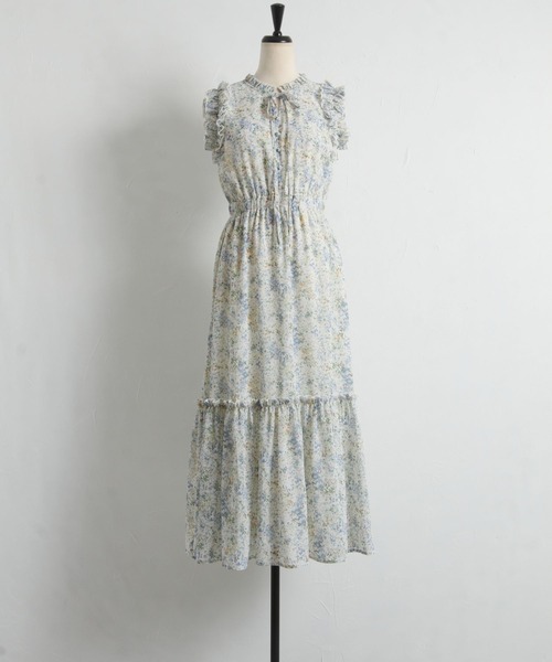 tocco closet（トッコ　クローゼット）の「リボン付きフリル装飾アートフラワープリントティアードワンピース（ワンピース・レディース・ライトイエロー/ブルー・M）」の14枚目の写真