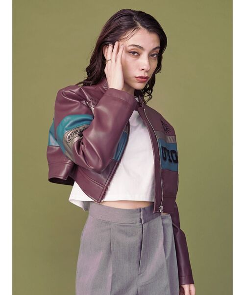 EVRIS（エヴリス）の「フェイクレザークロップドブルゾン（ブルゾン・レディース・ブラック/ボルドー・FREE）」の5枚目の写真