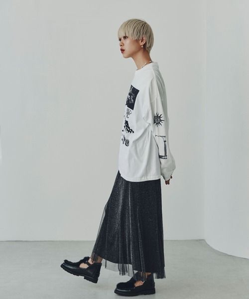 OKIRAKU×ROSEBUD シアーリブドッキングTシャツ ロンT ブラック OKIRAKU×ROSE BUD)シアースリーブドッキングロンT