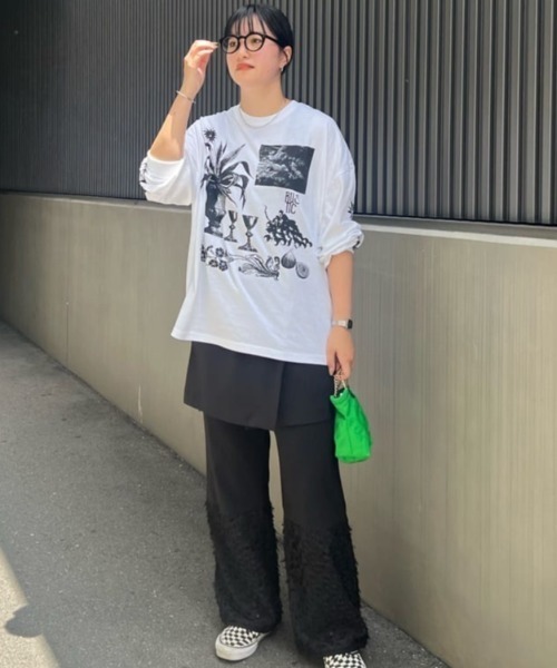 OKIRAKU×ROSEBUD シアーリブドッキングTシャツ ロンT ブラック OKIRAKU×ROSEBUD シアーリブドッキングTシャツ ロンT ブラック