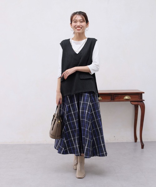 Chez toi(シェトワ)の「大判チェックはぎタフタスカート(スカート・レディース・アイボリー/ネイビー/グリーン・FREE)」の12枚目の写真