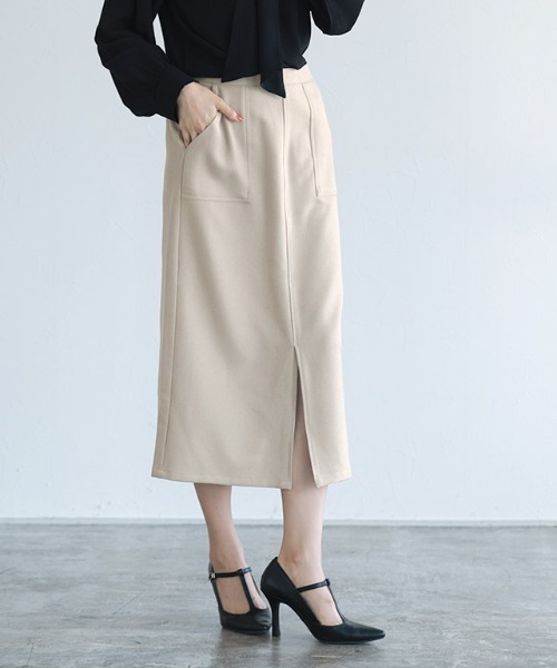 Pierrot（ピエロ）の「ウールライクスリットロングスカート（スカート・レディース・ベージュ系その他/チャコール/ブラウン/オリーブ・L/PM/M）」の4枚目の写真