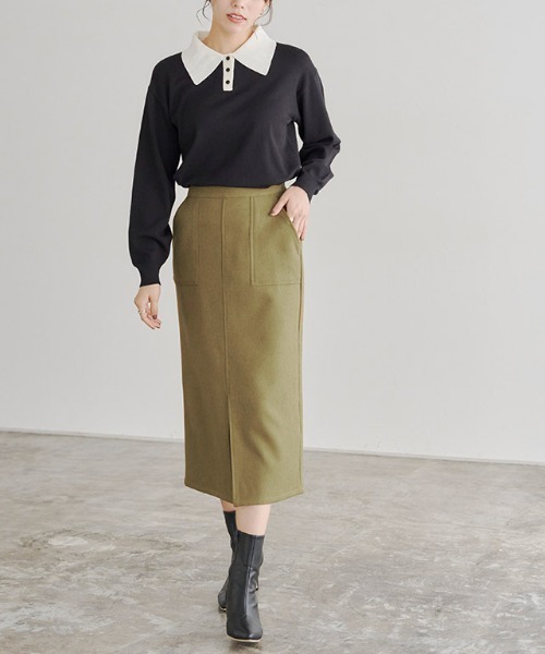 Pierrot（ピエロ）の「ウールライクスリットロングスカート（スカート・レディース・ベージュ系その他/チャコール/ブラウン/オリーブ・L/PM/M）」の9枚目の写真