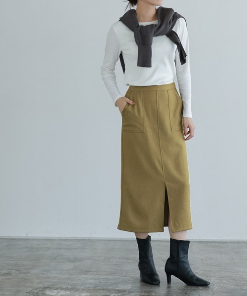 Pierrot（ピエロ）の「ウールライクスリットロングスカート（スカート・レディース・ベージュ系その他/チャコール/ブラウン/オリーブ・L/PM/M）」の10枚目の写真