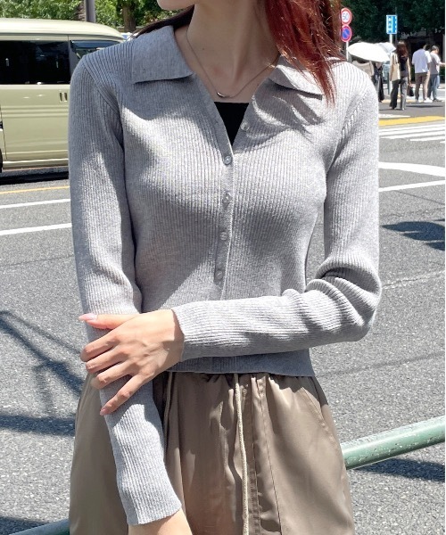 one way（ワンウェイ）の「【 新色追加 】ポロ襟テレコニットトップス（ニット/セーター・レディース・グレー/レッド/ブラック/ホワイト/ピンク・FREE）」の3枚目の写真