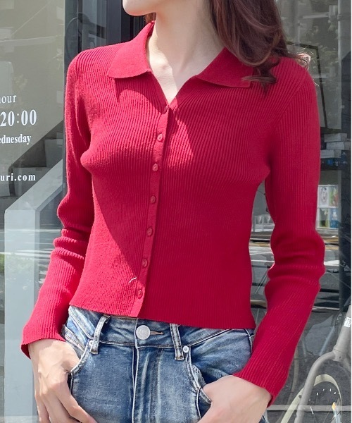 one way（ワンウェイ）の「【 新色追加 】ポロ襟テレコニットトップス（ニット/セーター・レディース・グレー/レッド/ブラック/ホワイト/ピンク・FREE）」の5枚目の写真