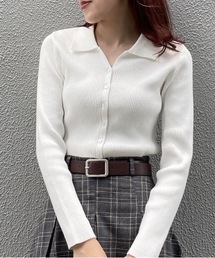 【 新色追加 】ポロ襟テレコニットトップス