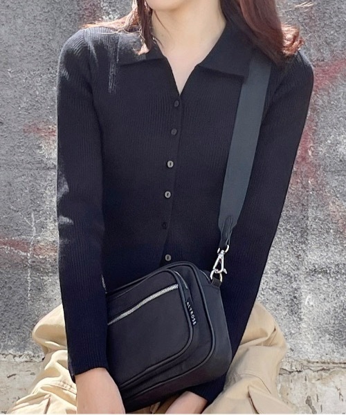 one way（ワンウェイ）の「【 新色追加 】ポロ襟テレコニットトップス（ニット/セーター・レディース・グレー/レッド/ブラック/ホワイト/ピンク・FREE）」の2枚目の写真