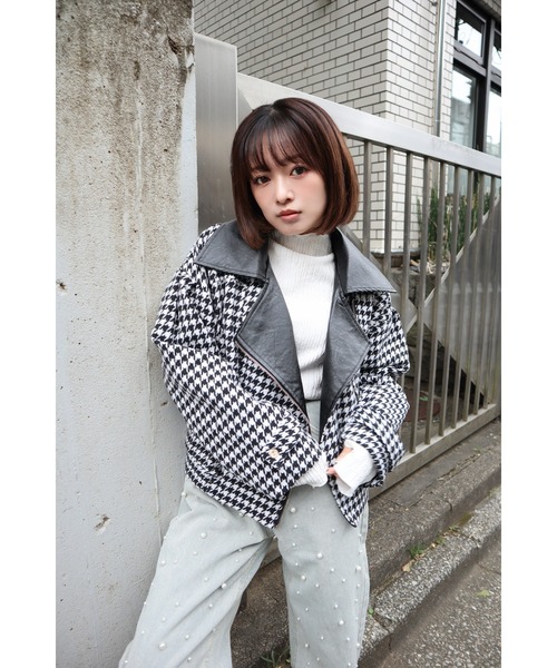 CECIL McBEE（セシルマクビー）の「千鳥柄ライダースジャケット（ライダースジャケット・レディース・ベージュ/ブラック/ブラウン・MEDIUM）」の6枚目の写真