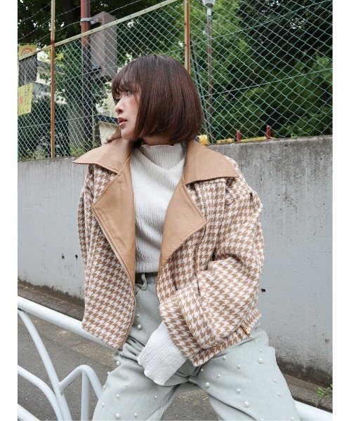 CECIL McBEE（セシルマクビー）の「千鳥柄ライダースジャケット（ライダースジャケット・レディース・ベージュ/ブラック/ブラウン・MEDIUM）」の7枚目の写真