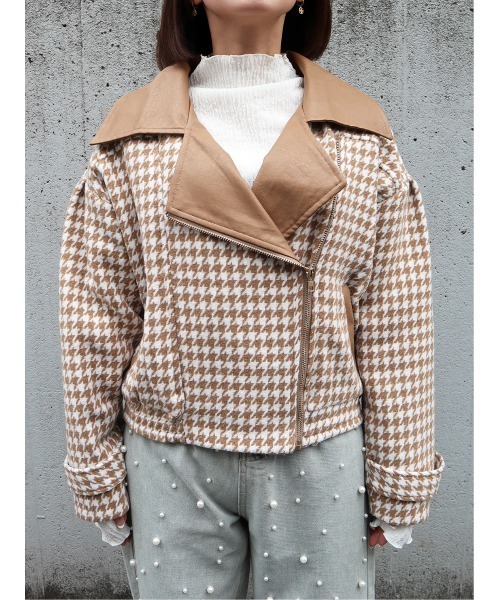 CECIL McBEE（セシルマクビー）の「千鳥柄ライダースジャケット（ライダースジャケット・レディース・ベージュ/ブラック/ブラウン・MEDIUM）」の8枚目の写真