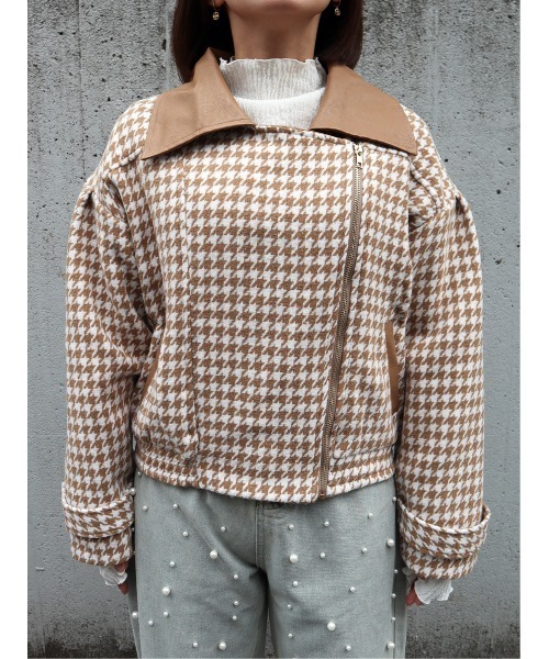 CECIL McBEE（セシルマクビー）の「千鳥柄ライダースジャケット（ライダースジャケット・レディース・ベージュ/ブラック/ブラウン・MEDIUM）」の9枚目の写真