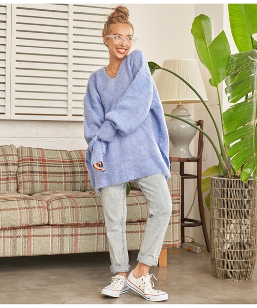 anap mimpi（アナップミンピ）の「モヘアタッチバックリボンMIXニットチュニック（ニット/セーター・レディース・ターコイズブルー/ブルー/グレー/グレイッシュベージュ・FREE）」の19枚目の写真