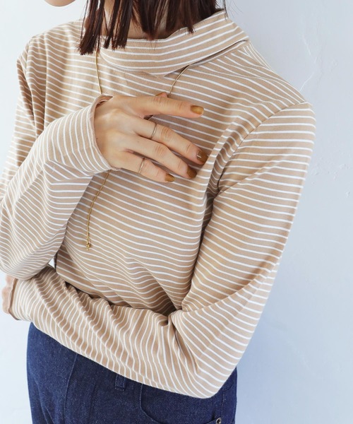 Crisp(クリスプ)の「2wayタートルボーダーTシャツ(Tシャツ/カットソー・レディース・ベージュ/オレンジ/ダークグレー・FREE)」の2枚目の写真