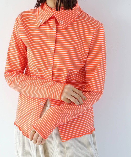 Crisp(クリスプ)の「2wayタートルボーダーTシャツ(Tシャツ/カットソー・レディース・ベージュ/オレンジ/ダークグレー・FREE)」の3枚目の写真