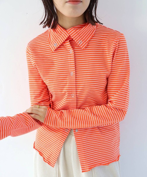 Crisp(クリスプ)の「2wayタートルボーダーTシャツ(Tシャツ/カットソー・レディース・ベージュ/オレンジ/ダークグレー・FREE)」の6枚目の写真