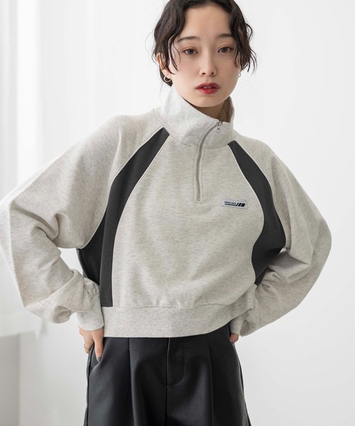 WEGO（ウィゴー）の「WEGO/パイピング切替ショートハーフZIPスウェット（スウェット・レディース・杢グレー/スミクロ/ネイビー・FREE）」の2枚目の写真