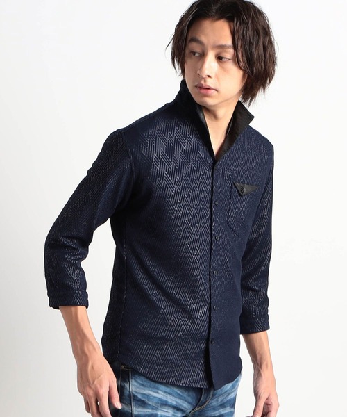 HIDEAWAYS NICOLE（ハイダウェイニコル）の「ブリスターエンボスバスケット7分袖イタリアンカラーシャツ（シャツ/ブラウス・メンズ・ブラック/ネイビー/オフホワイト/ピンク・MEDIUM/LARGE/X-LARGE）」の4枚目の写真