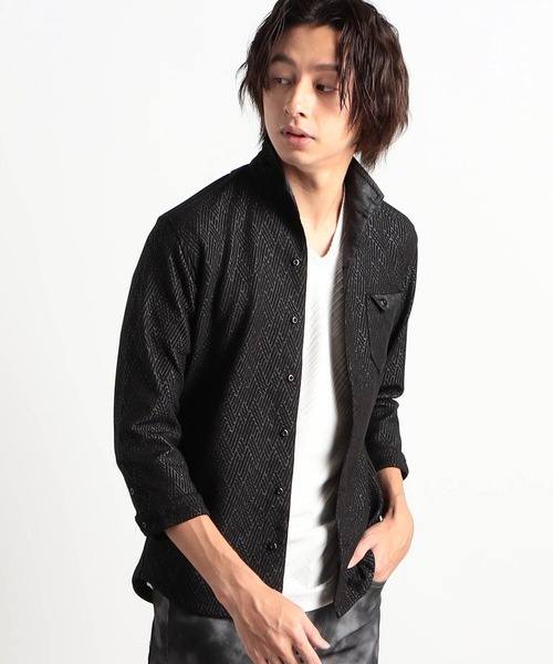 HIDEAWAYS NICOLE（ハイダウェイニコル）の「ブリスターエンボスバスケット7分袖イタリアンカラーシャツ（シャツ/ブラウス・メンズ・ブラック/ネイビー/オフホワイト/ピンク・MEDIUM/LARGE/X-LARGE）」の3枚目の写真