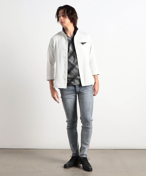 HIDEAWAYS NICOLE（ハイダウェイニコル）の「ブリスターエンボスバスケット7分袖イタリアンカラーシャツ（シャツ/ブラウス・メンズ・ブラック/ネイビー/オフホワイト/ピンク・MEDIUM/LARGE/X-LARGE）」の5枚目の写真