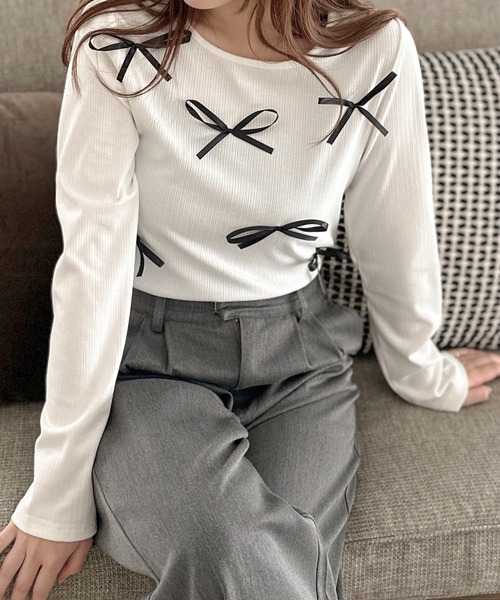 apres jour clair(アプレジュールクレア)の「【apres jour clair】リボンデザイントップス【ZOZOTOWN限定アイテム】(Tシャツ/カットソー・レディース・ブラック/グレー/オフホワイト・フリー/X-LARGE)」の6枚目の写真