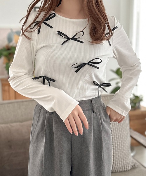 apres jour clair(アプレジュールクレア)の「【apres jour clair】リボンデザイントップス【ZOZOTOWN限定アイテム】(Tシャツ/カットソー・レディース・ブラック/グレー/オフホワイト・フリー/X-LARGE)」の8枚目の写真
