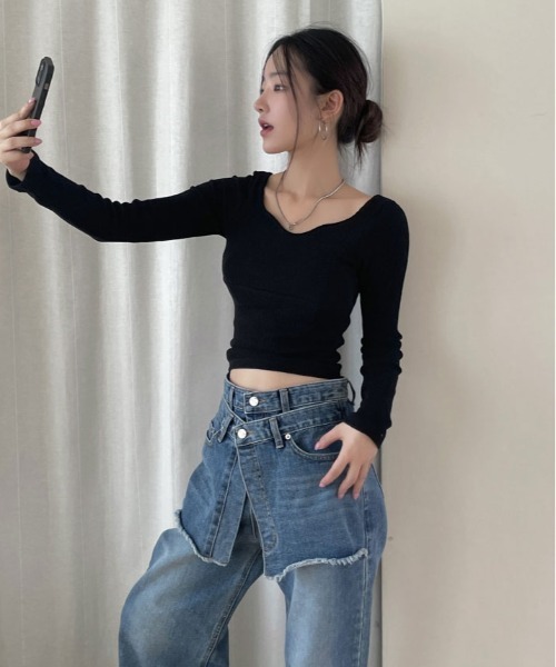 kirakiraShop(キラキラショップ)の「ヴィンテージ ダブル ウエスト リメイク デニム(デニムパンツ・レディース・ブルー・S/M/L)」の2枚目の写真