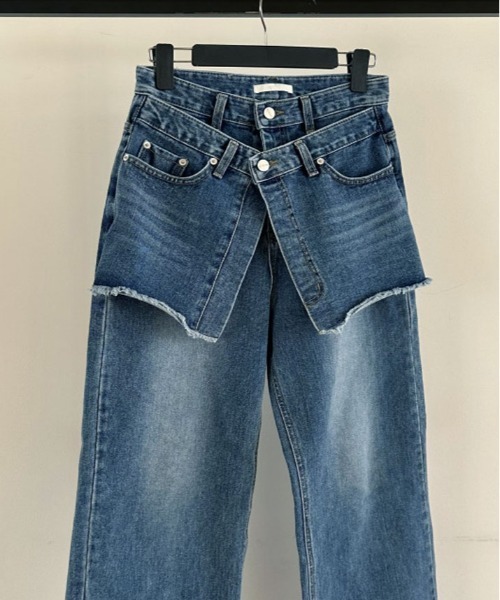 kirakiraShop(キラキラショップ)の「ヴィンテージ ダブル ウエスト リメイク デニム(デニムパンツ・レディース・ブルー・S/M/L)」の7枚目の写真