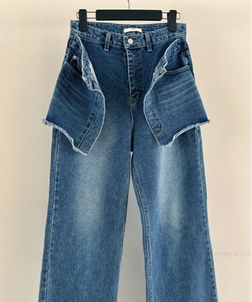 kirakiraShop(キラキラショップ)の「ヴィンテージ ダブル ウエスト リメイク デニム(デニムパンツ・レディース・ブルー・S/M/L)」の5枚目の写真
