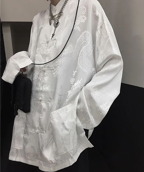WARAIJOGO(ワライジョウゴ)の「【WARAIJOGO】スタンドカラー総柄チャイナシャツ(NEZ)(シャツ/ブラウス・メンズ・ブラック/ホワイト・FREE)」の2枚目の写真