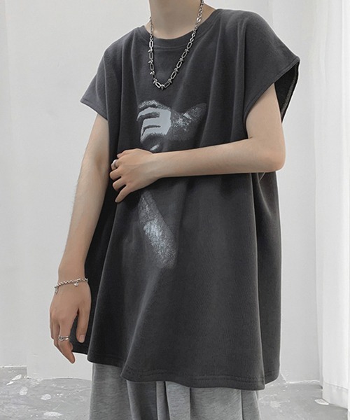 NOWLE（ノウル）の「【NOWLE】ルーズシルエット フロントロゴ ノースリーブ Tシャツ（タンクトップ・メンズ・ブラック/ホワイト/チャコールグレー・LARGE/MEDIUM）」の19枚目の写真