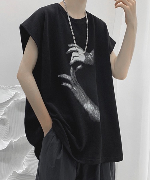 NOWLE（ノウル）の「【NOWLE】ルーズシルエット フロントロゴ ノースリーブ Tシャツ（タンクトップ・メンズ・ブラック/ホワイト/チャコールグレー・LARGE/MEDIUM）」の8枚目の写真