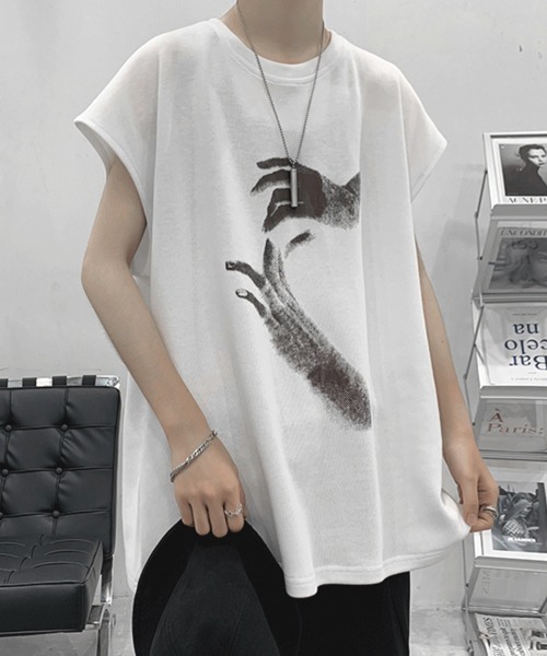 NOWLE（ノウル）の「【NOWLE】ルーズシルエット フロントロゴ ノースリーブ Tシャツ（タンクトップ・メンズ・ブラック/ホワイト/チャコールグレー・LARGE/MEDIUM）」の5枚目の写真