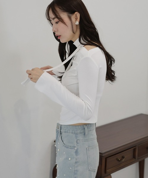 BLUEEAST(ブルーイースト)の「タイ付きオフショルカットソー(Tシャツ/カットソー・レディース・ホワイト/ベージュ/ブラック・MEDIUM)」の7枚目の写真