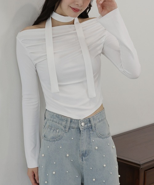 BLUEEAST(ブルーイースト)の「タイ付きオフショルカットソー(Tシャツ/カットソー・レディース・ホワイト/ベージュ/ブラック・MEDIUM)」の6枚目の写真