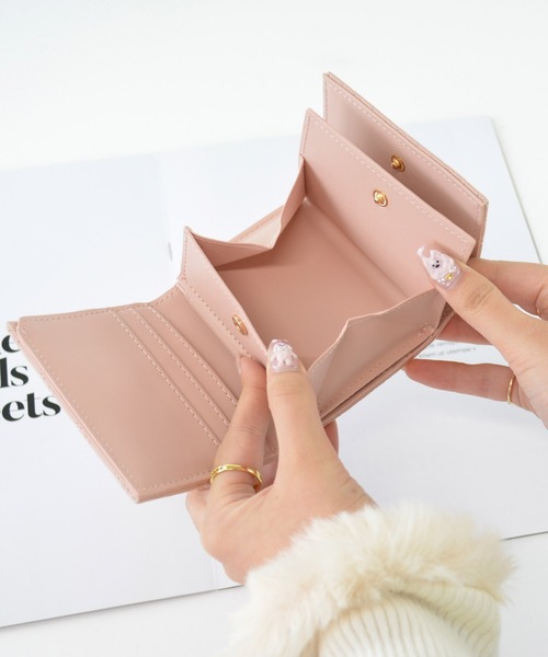 セール】リボン 刺繍 ボックスコイン3つ折財布 ミニ財布