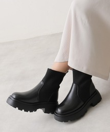 厚底ソール リブニット ショートブーツ
