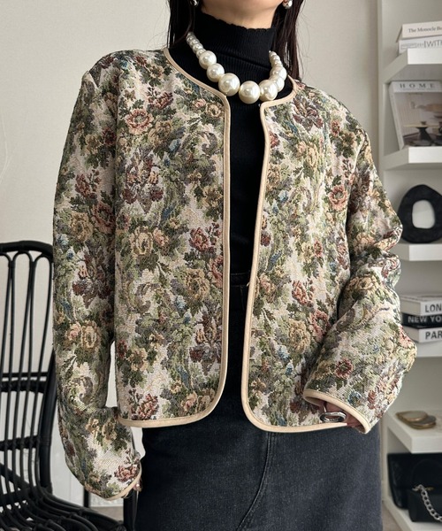 美品 VINTAGE BonWorth 総柄 ゴブラン ノーカラー ジャケット NARU(ナル) LIBERTY ゴブランジャガード(Stockton) ノーカラー