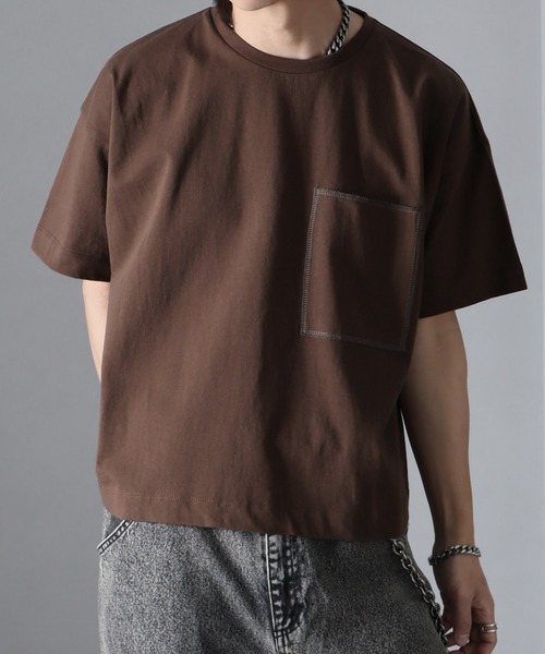 welise(ウェライズ)の「【welise/ウェライズ】チェーンステッチポケット ショート丈半袖Tシャツ(Tシャツ/カットソー・メンズ・ブラック×グレー/ホワイト/ライトグレー/ダークブラウン/レッド/ブラック/ブラック系その他/チャコールグレー・S/M/L)」の7枚目の写真