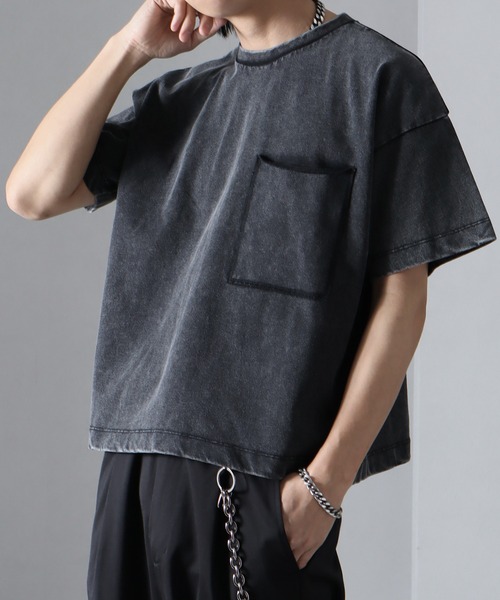 welise(ウェライズ)の「【welise/ウェライズ】チェーンステッチポケット ショート丈半袖Tシャツ(Tシャツ/カットソー・メンズ・ブラック×グレー/ホワイト/ライトグレー/ダークブラウン/レッド/ブラック/ブラック系その他/チャコールグレー・S/M/L)」の4枚目の写真
