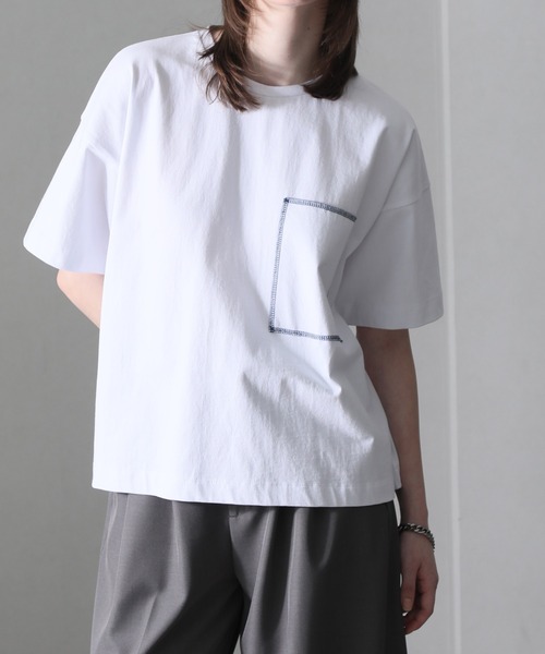 welise(ウェライズ)の「【welise/ウェライズ】チェーンステッチポケット ショート丈半袖Tシャツ(Tシャツ/カットソー・メンズ・ブラック×グレー/ホワイト/ライトグレー/ダークブラウン/レッド/ブラック/ブラック系その他/チャコールグレー・S/M/L)」の1枚目の写真
