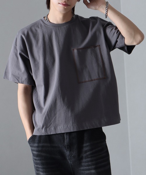 welise(ウェライズ)の「【welise/ウェライズ】チェーンステッチポケット ショート丈半袖Tシャツ(Tシャツ/カットソー・メンズ・ブラック×グレー/ホワイト/ライトグレー/ダークブラウン/レッド/ブラック/ブラック系その他/チャコールグレー・S/M/L)」の5枚目の写真